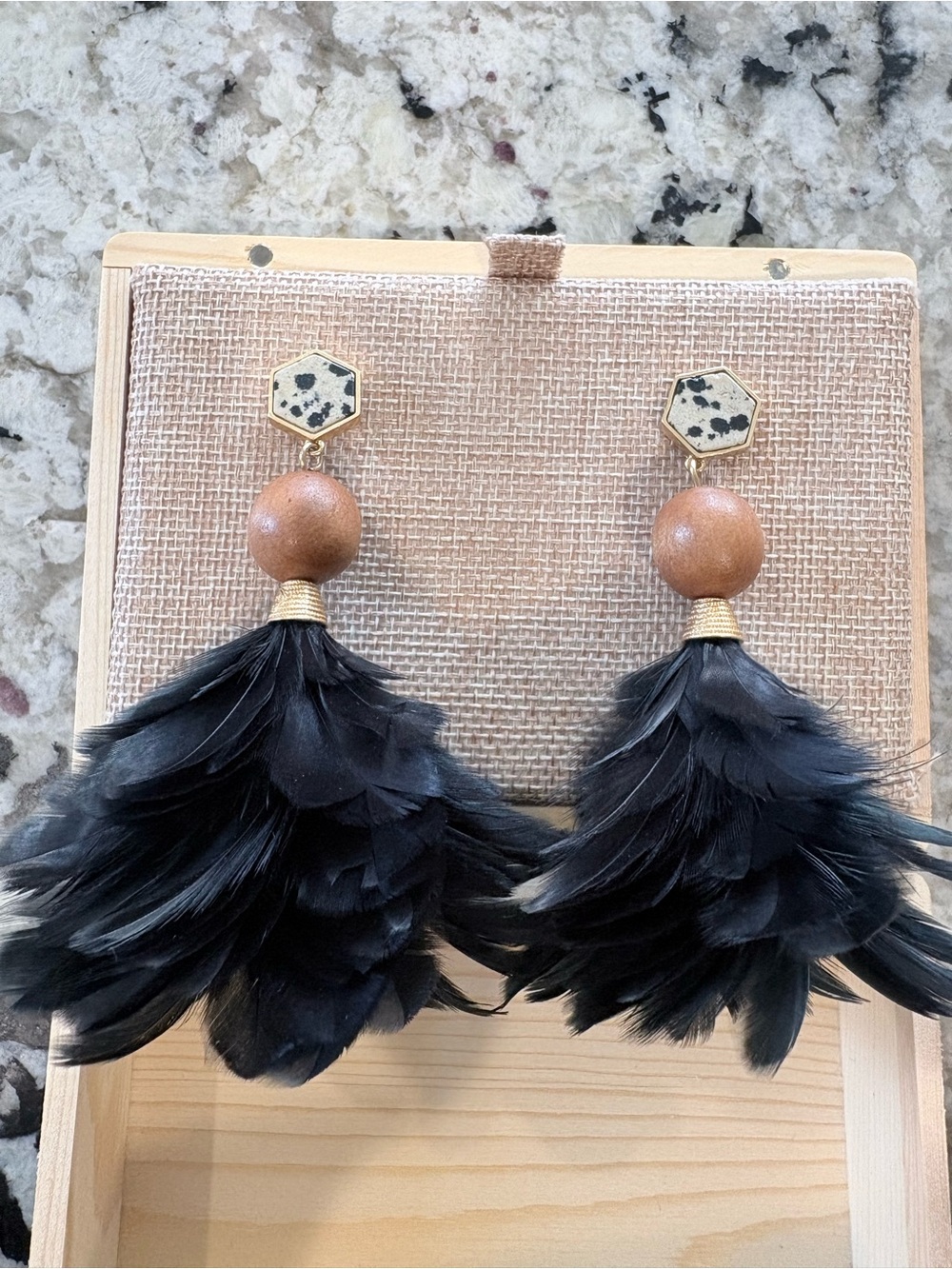 Tory Burch black feather drop earrings with black / ivory / brown stone accents